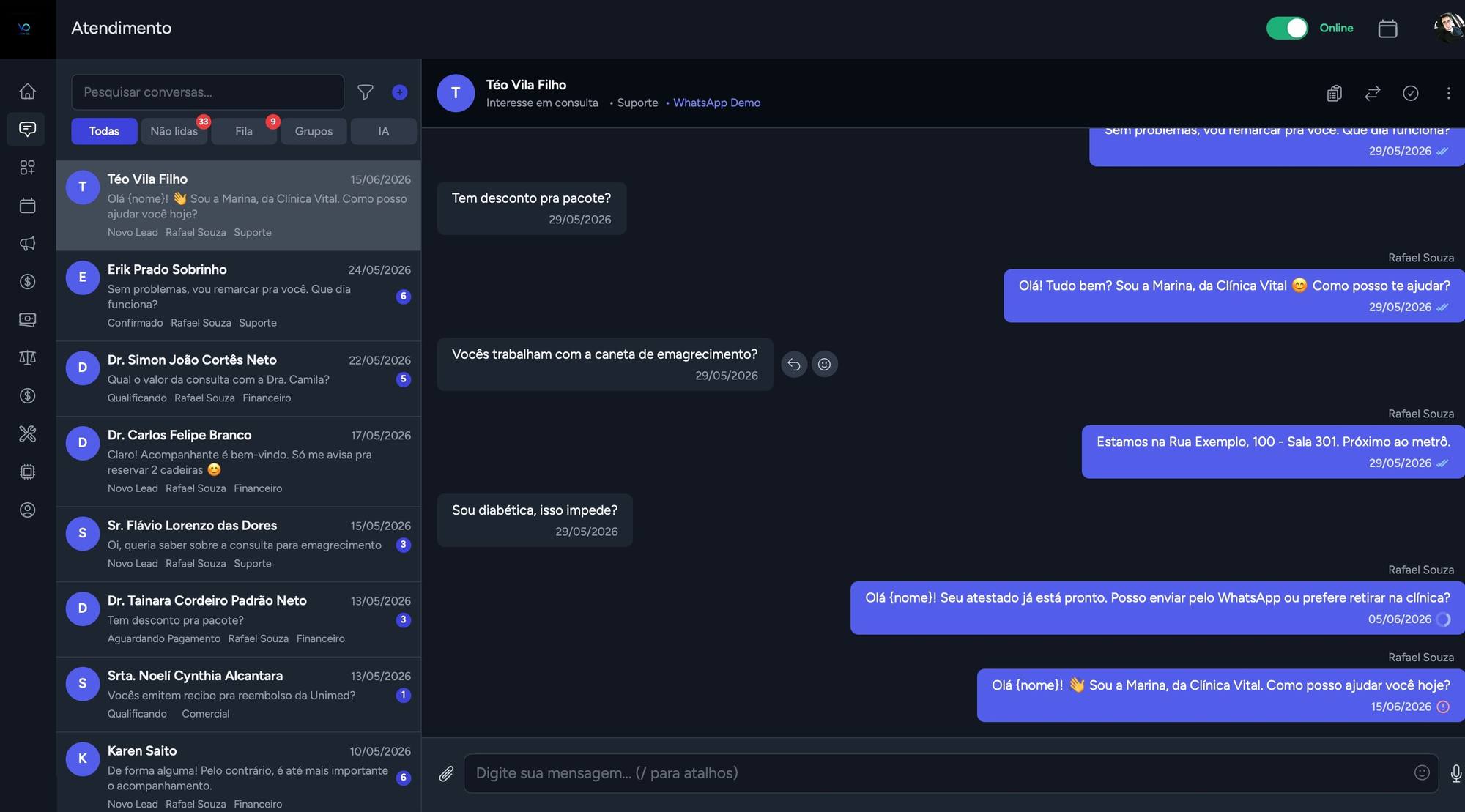Tela de atendimento do Vem OS com lista de conversas e chat do WhatsApp