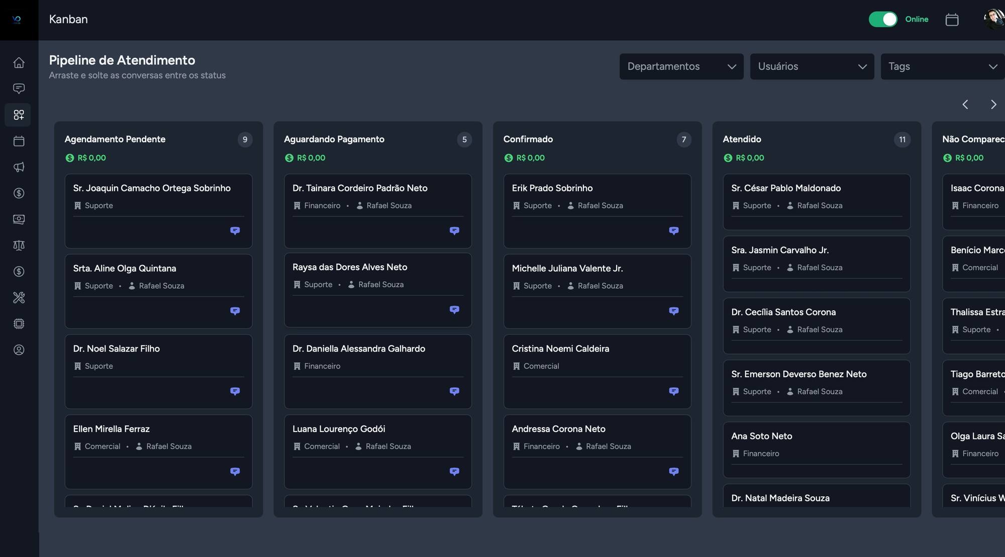 Kanban do Vem OS com pipeline de atendimento em colunas por status